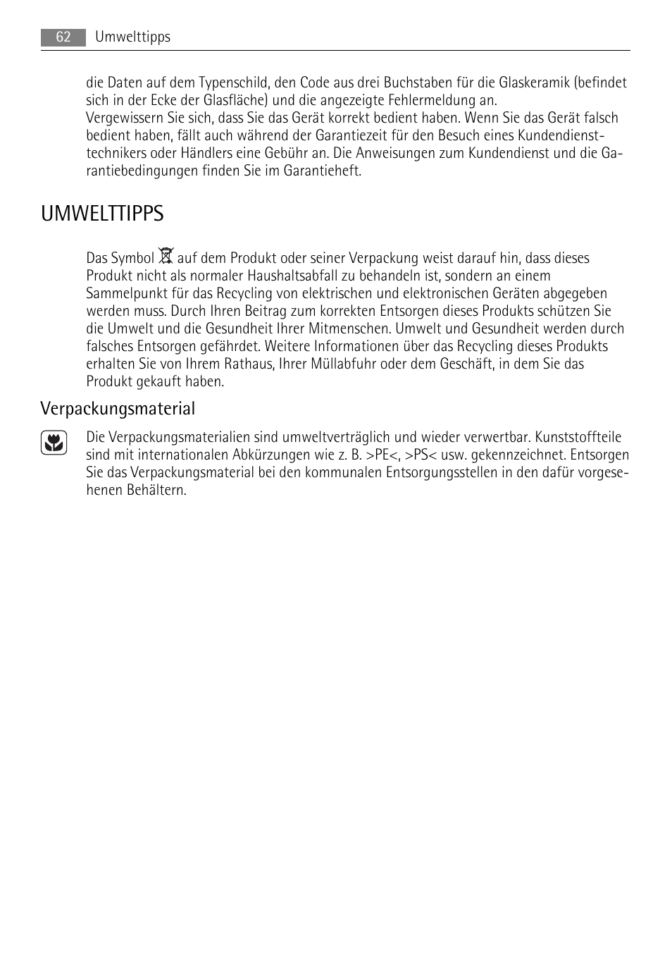 Umwelttipps, Verpackungsmaterial | AEG HK624000XB User Manual | Page 62 / 64