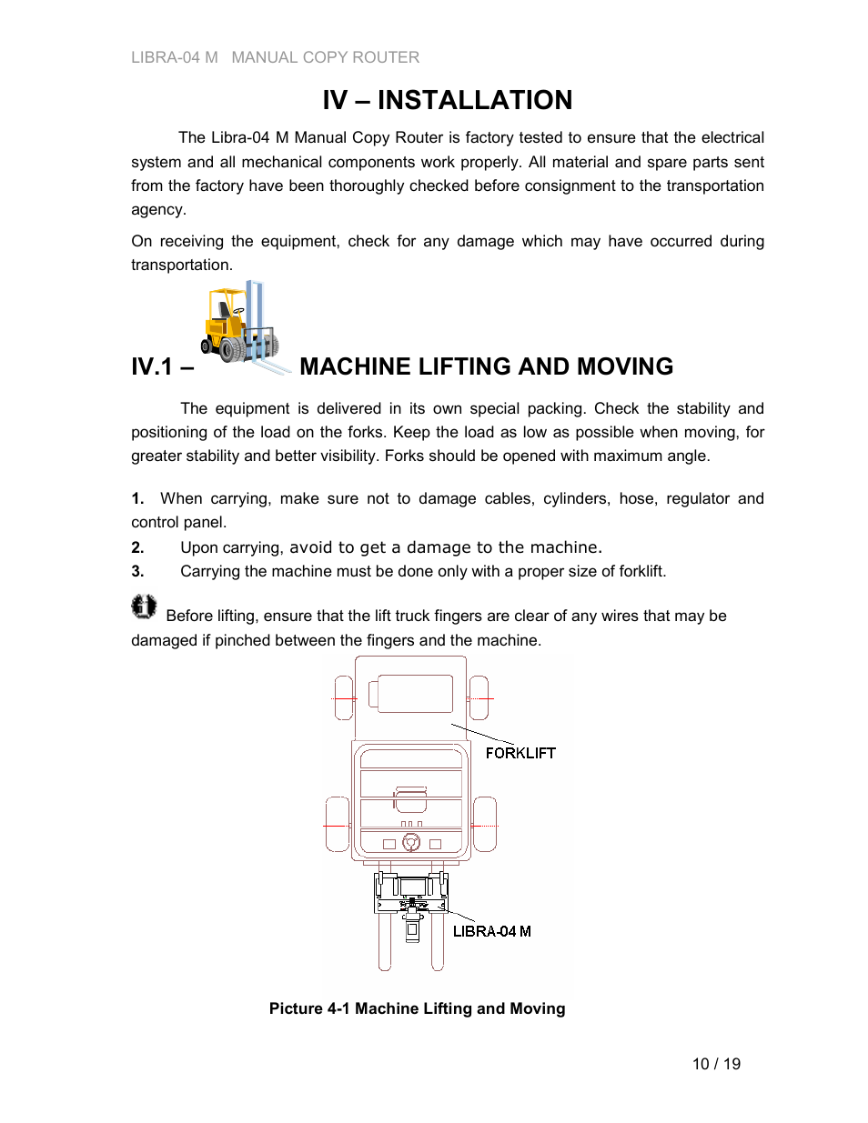 Iv – installation, Iv.1 – machine lifting and moving | Atech Tech LIBRA-04 M User Manual | Page 10 / 19