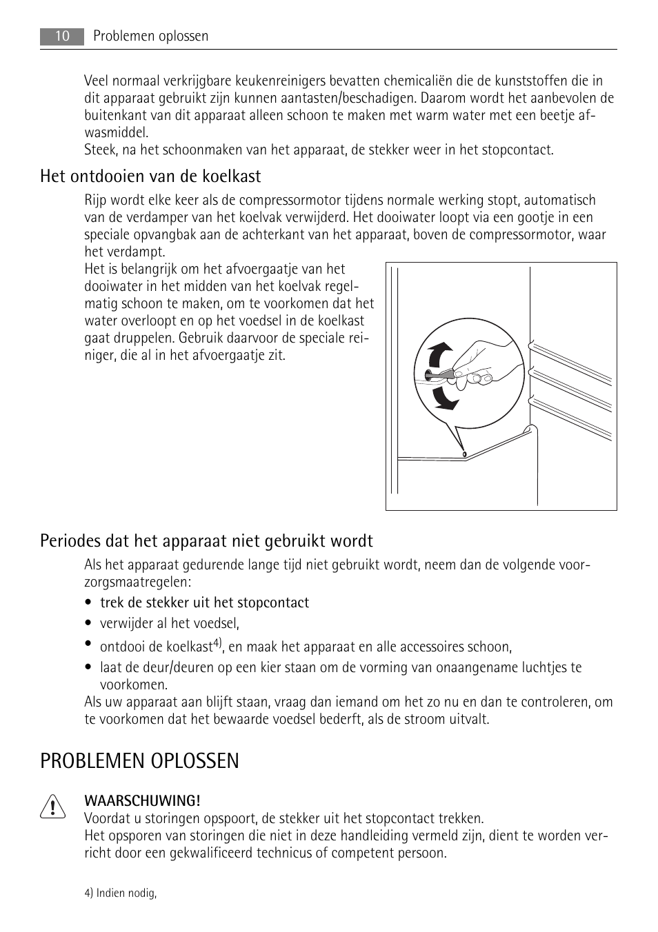Problemen oplossen, Het ontdooien van de koelkast, Periodes dat het apparaat niet gebruikt wordt | AEG SKS51200F0 User Manual | Page 10 / 104