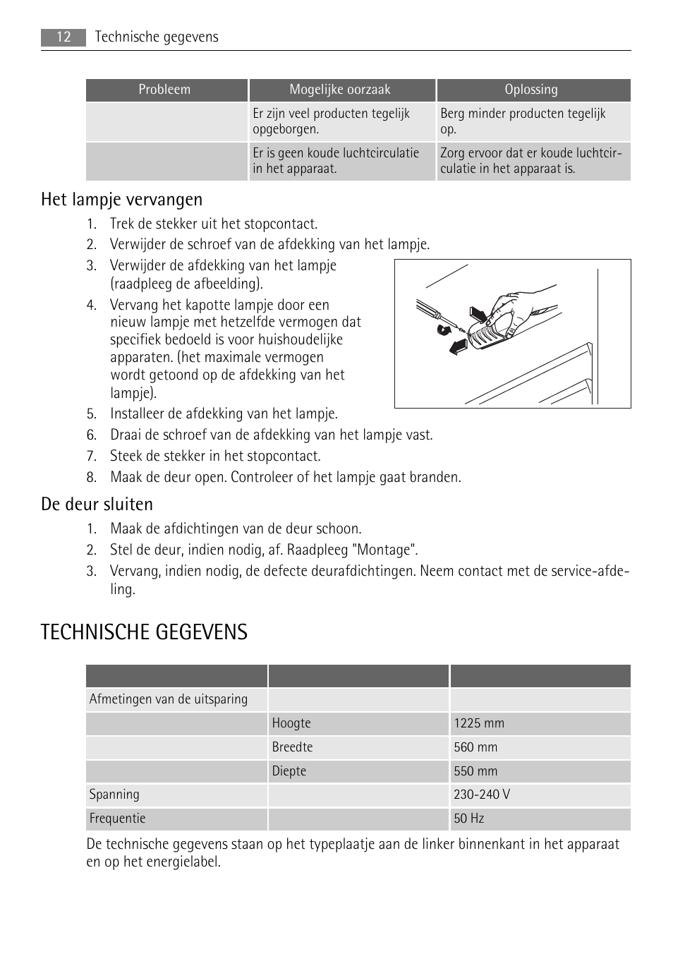 Technische gegevens, Het lampje vervangen, De deur sluiten | AEG SKS51200F0 User Manual | Page 12 / 104