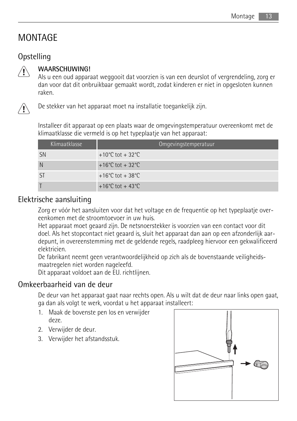 Montage, Opstelling, Elektrische aansluiting | Omkeerbaarheid van de deur | AEG SKS51200F0 User Manual | Page 13 / 104