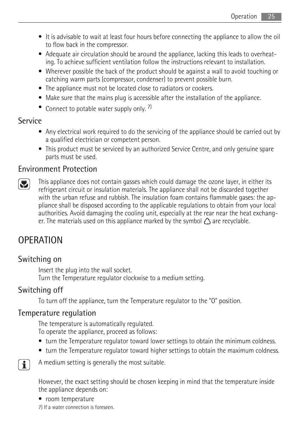 Operation, Service, Environment protection | Switching on, Switching off, Temperature regulation | AEG SKS51200F0 User Manual | Page 25 / 104