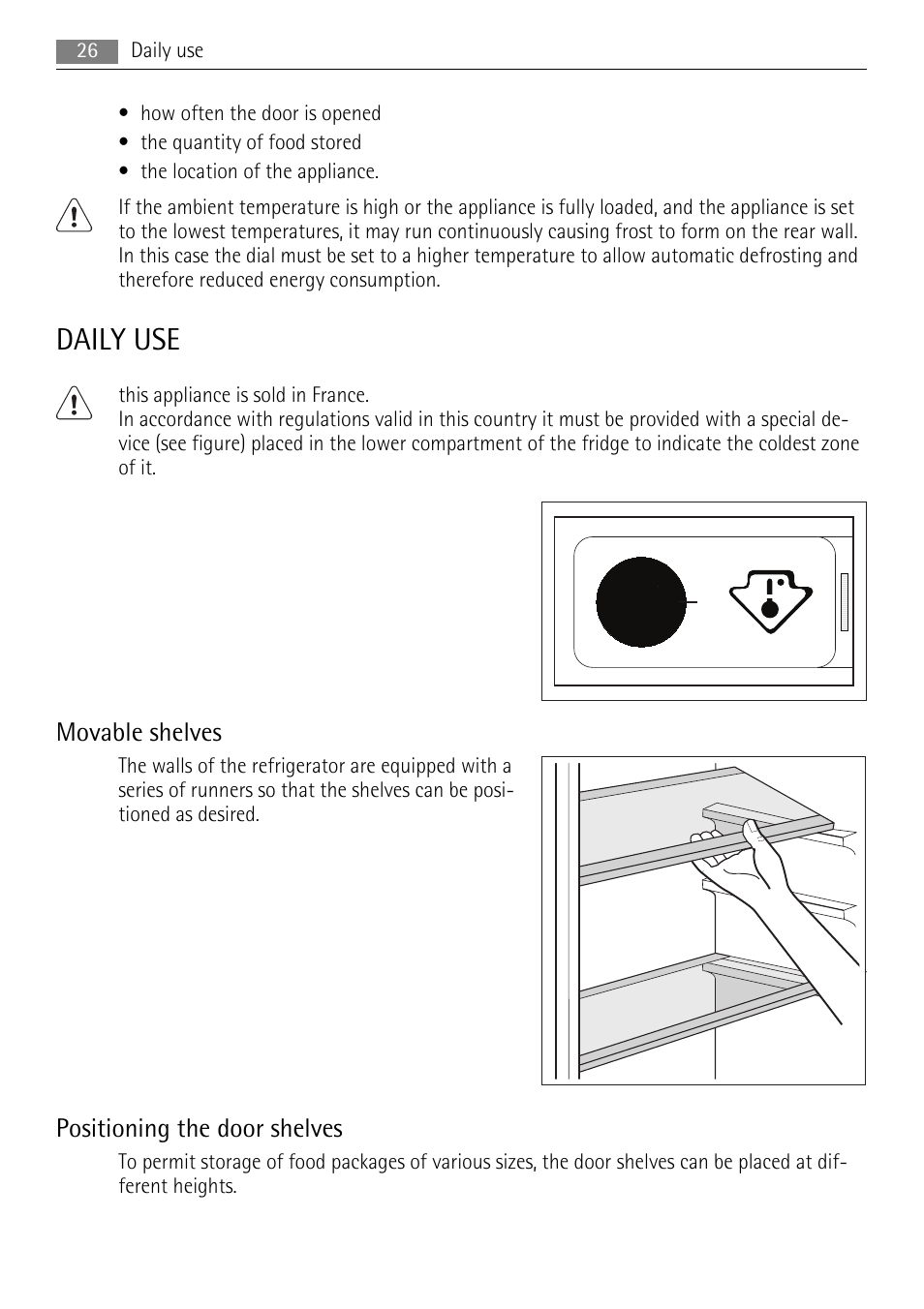 Daily use, Movable shelves, Positioning the door shelves | AEG SKS51200F0 User Manual | Page 26 / 104