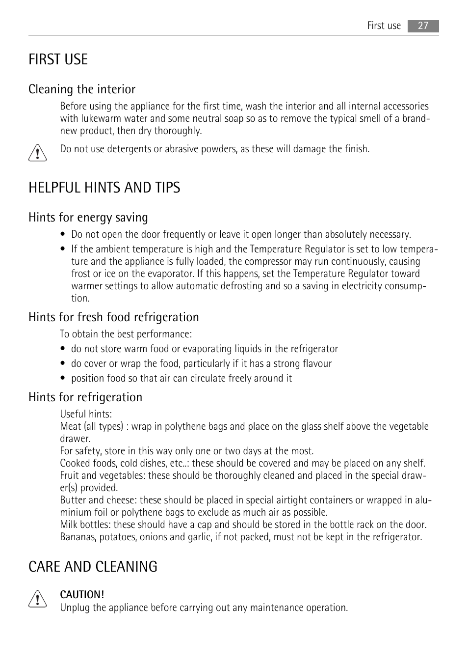 First use, Helpful hints and tips, Care and cleaning | Cleaning the interior, Hints for energy saving, Hints for fresh food refrigeration, Hints for refrigeration | AEG SKS51200F0 User Manual | Page 27 / 104