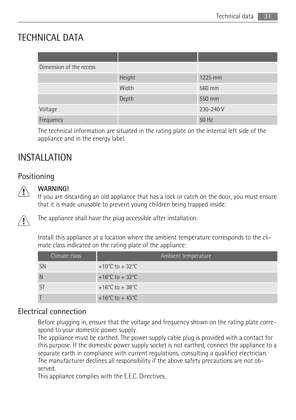 Technical data, Installation, Positioning | Electrical connection | AEG SKS51200F0 User Manual | Page 31 / 104