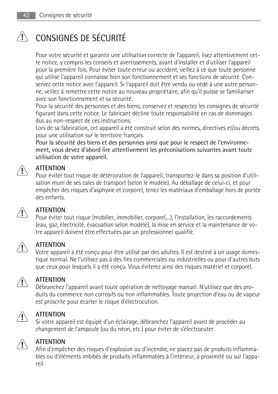 Consignes de sécurité | AEG SKS51200F0 User Manual | Page 42 / 104