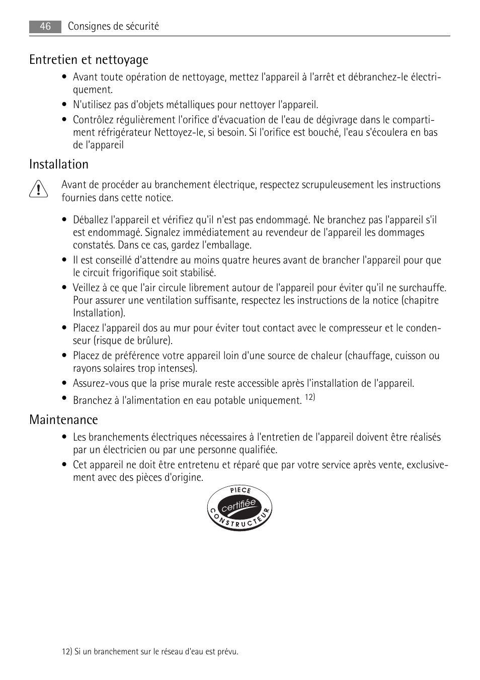 Entretien et nettoyage, Installation, Maintenance | AEG SKS51200F0 User Manual | Page 46 / 104