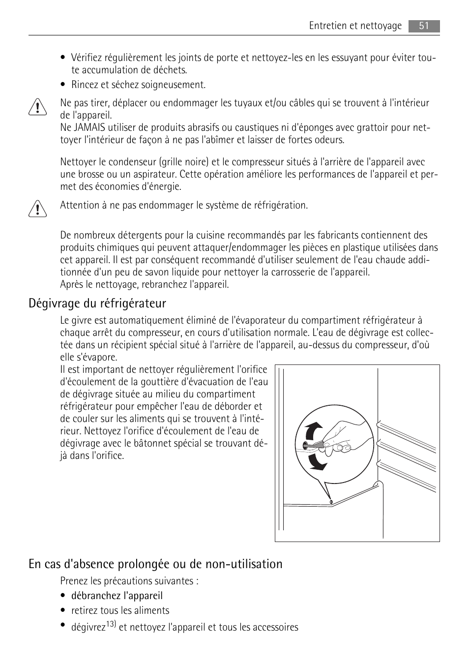 Dégivrage du réfrigérateur, En cas d'absence prolongée ou de non-utilisation | AEG SKS51200F0 User Manual | Page 51 / 104