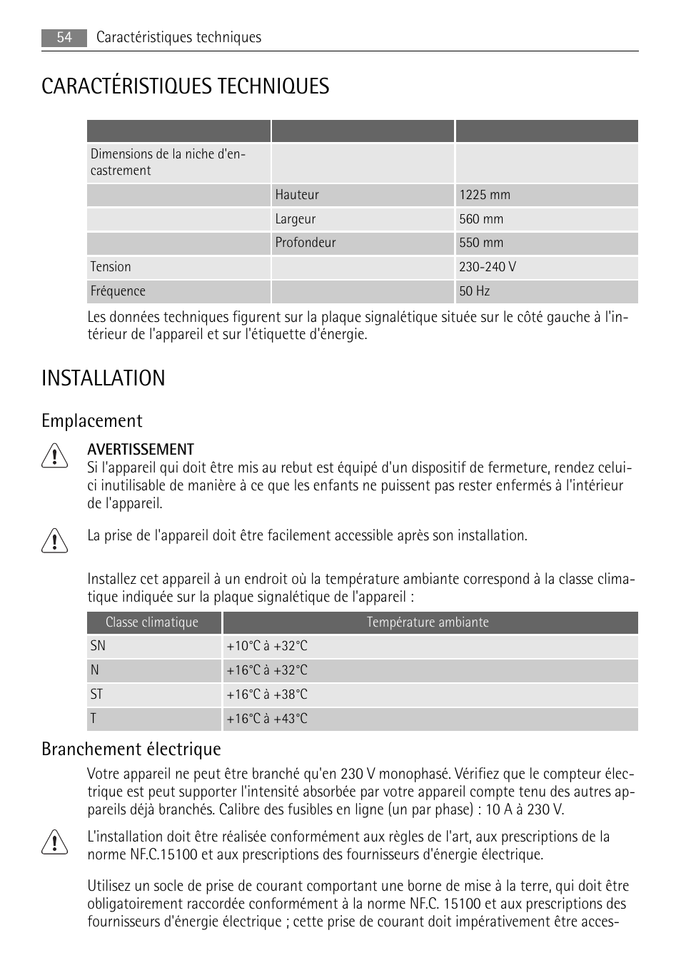 Caractéristiques techniques, Installation, Emplacement | Branchement électrique | AEG SKS51200F0 User Manual | Page 54 / 104