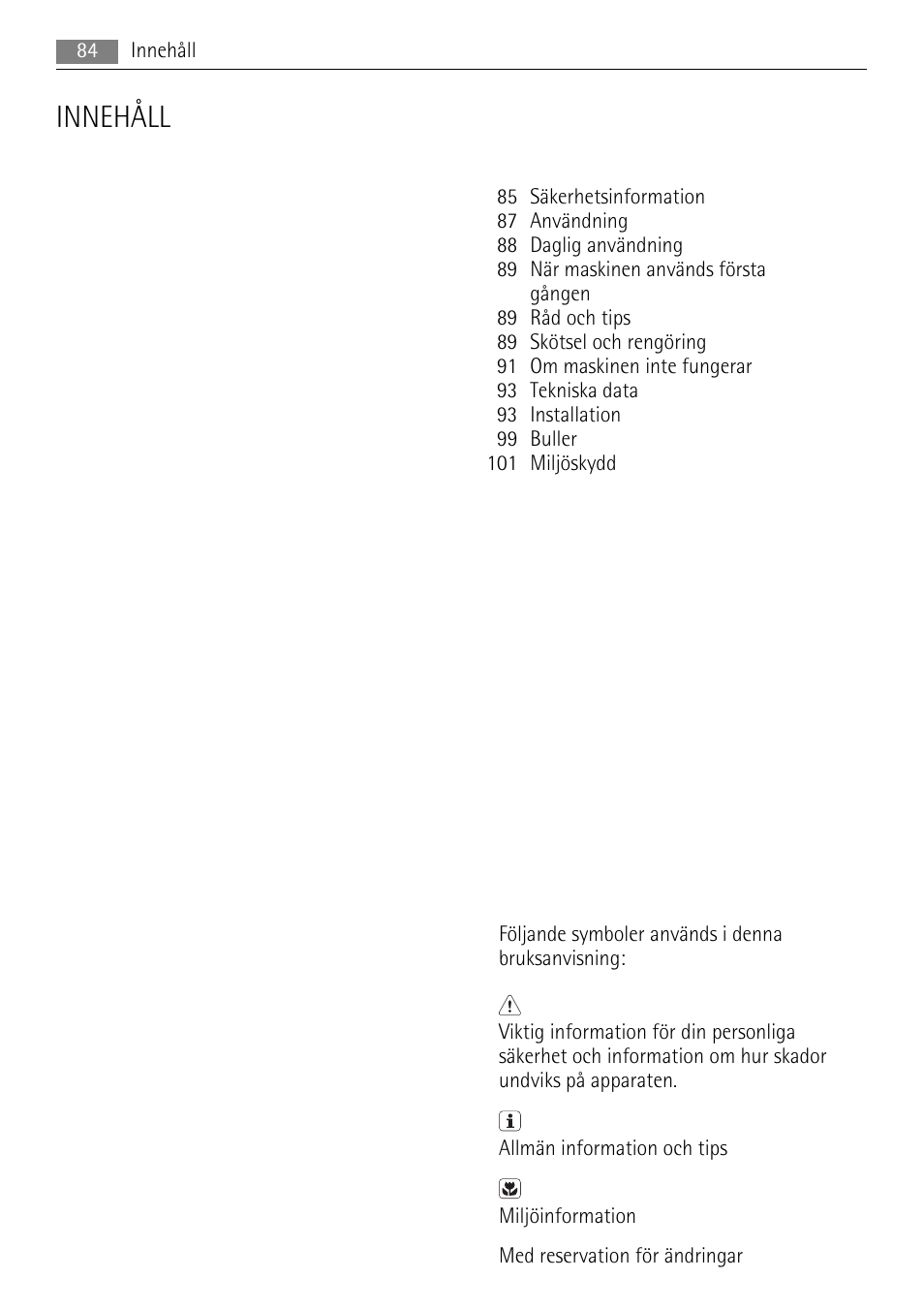Innehåll | AEG SKS51200F0 User Manual | Page 84 / 104