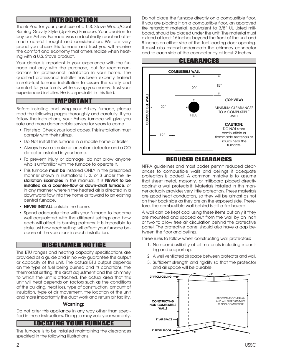 Introduction, Important, Disclaimer notice | Locating your furnace, Clearances, Warning, Reduced clearances | United States Stove Company 1602R User Manual | Page 2 / 20