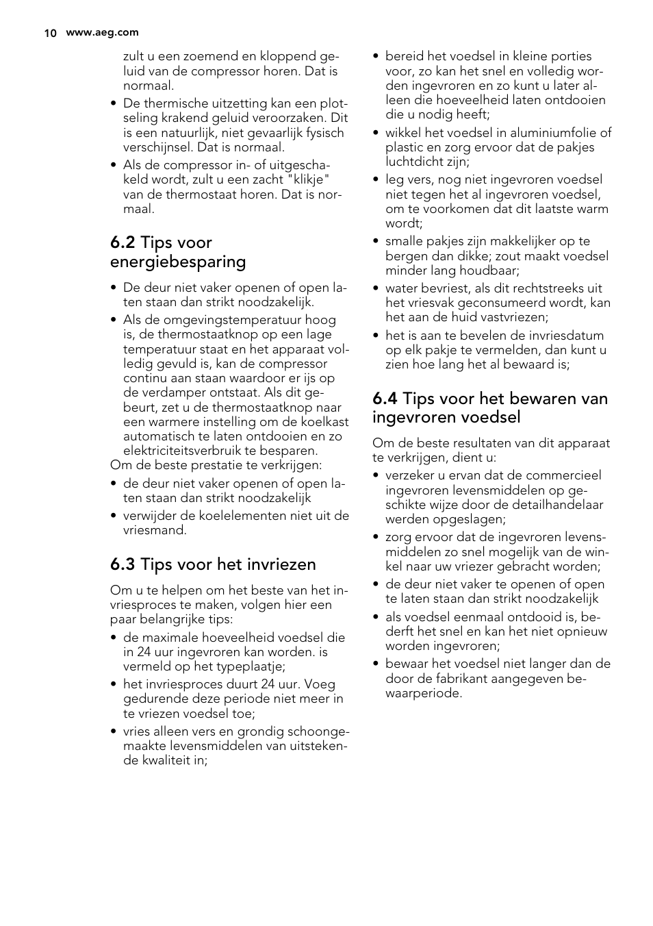 2 tips voor energiebesparing, 3 tips voor het invriezen, 4 tips voor het bewaren van ingevroren voedsel | AEG A72019GNW0 User Manual | Page 10 / 68