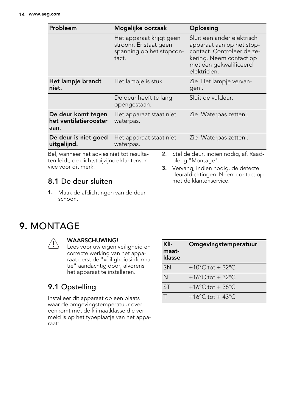 Montage, 1 de deur sluiten, 1 opstelling | AEG A72019GNW0 User Manual | Page 14 / 68