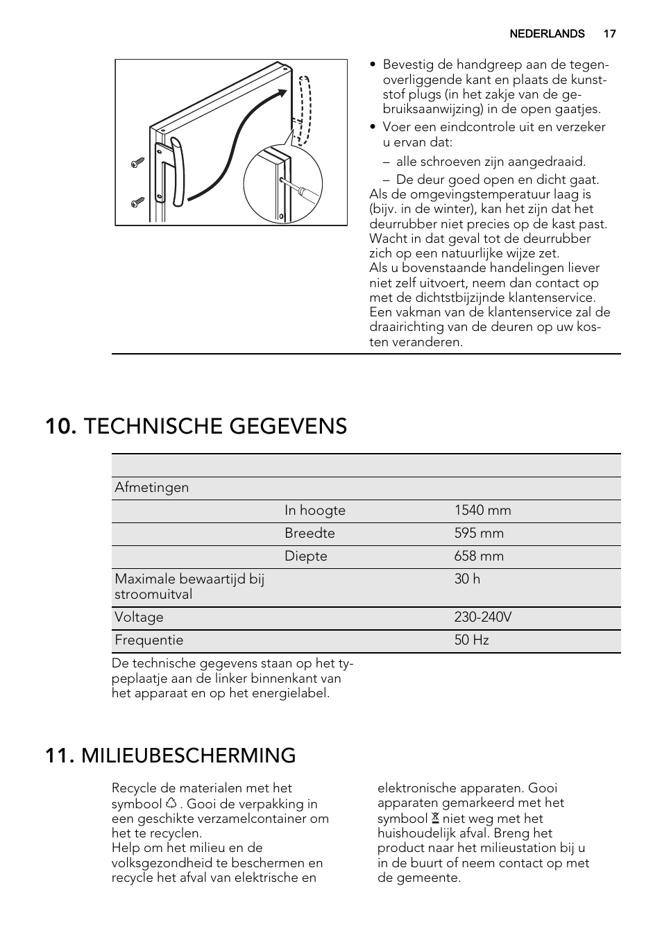Technische gegevens, Milieubescherming | AEG A72019GNW0 User Manual | Page 17 / 68