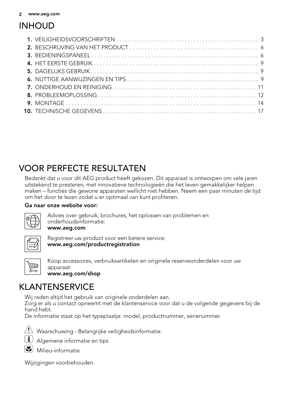 Inhoud, Voor perfecte resultaten, Klantenservice | AEG A72019GNW0 User Manual | Page 2 / 68