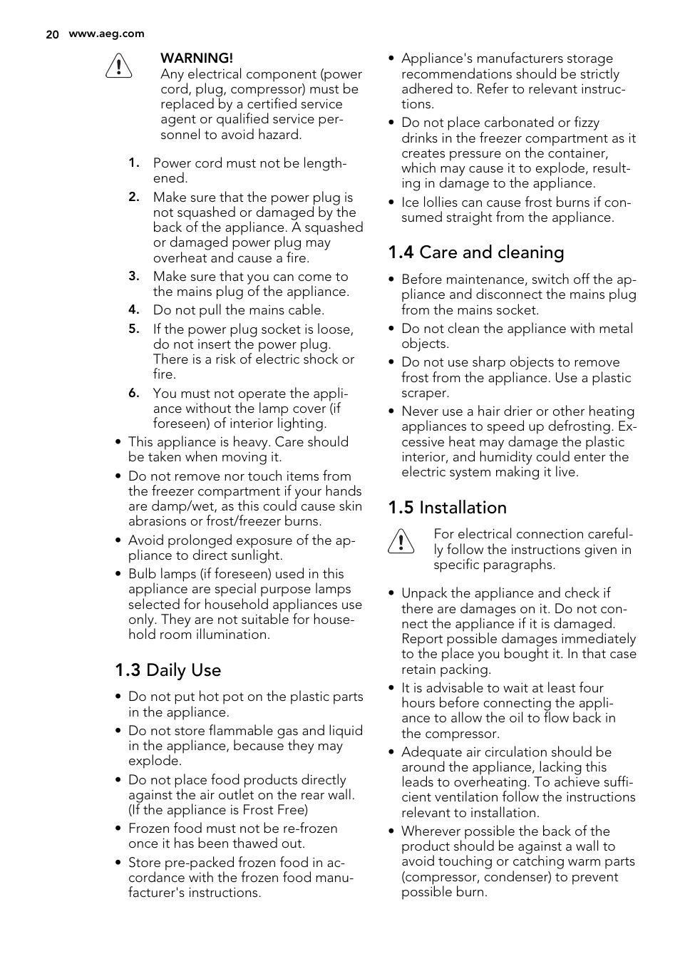 3 daily use, 4 care and cleaning, 5 installation | AEG A72019GNW0 User Manual | Page 20 / 68