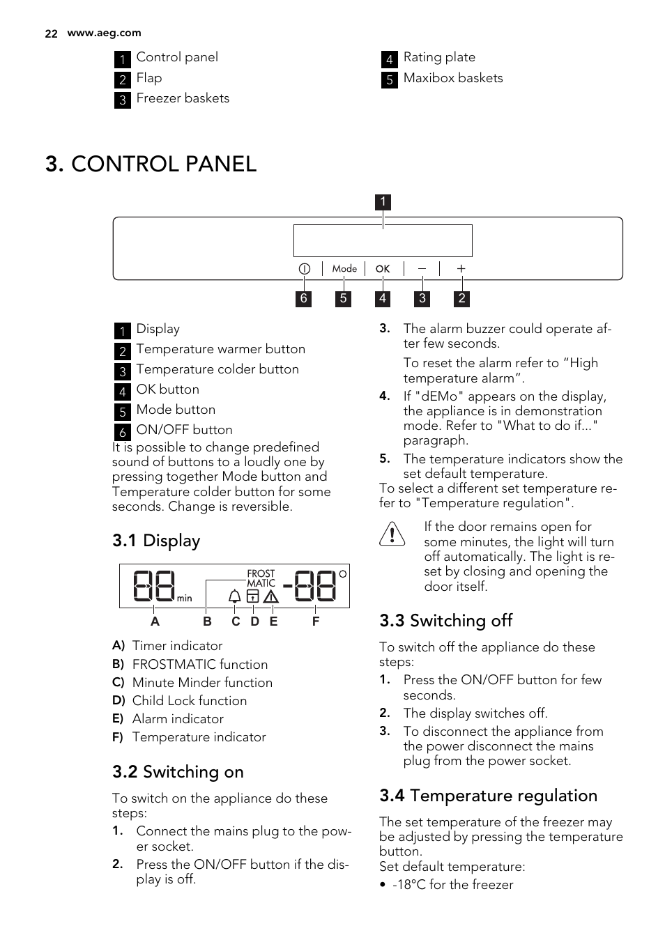 Control panel, 1 display, 2 switching on | 3 switching off, 4 temperature regulation | AEG A72019GNW0 User Manual | Page 22 / 68