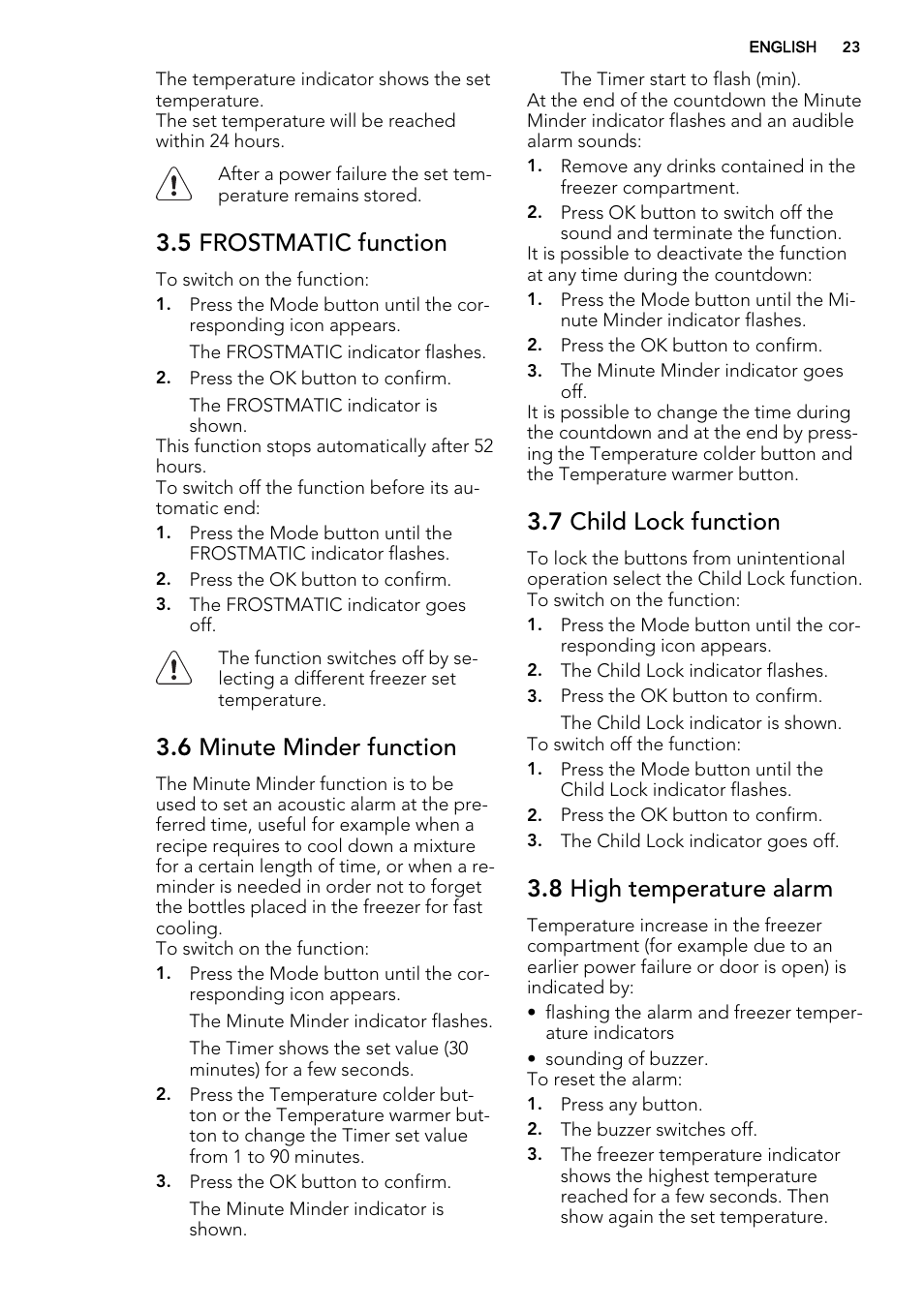 5 frostmatic function, 6 minute minder function, 7 child lock function | 8 high temperature alarm | AEG A72019GNW0 User Manual | Page 23 / 68