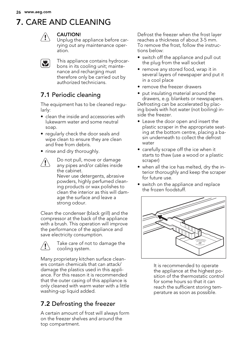 Care and cleaning, 1 periodic cleaning, 2 defrosting the freezer | AEG A72019GNW0 User Manual | Page 26 / 68