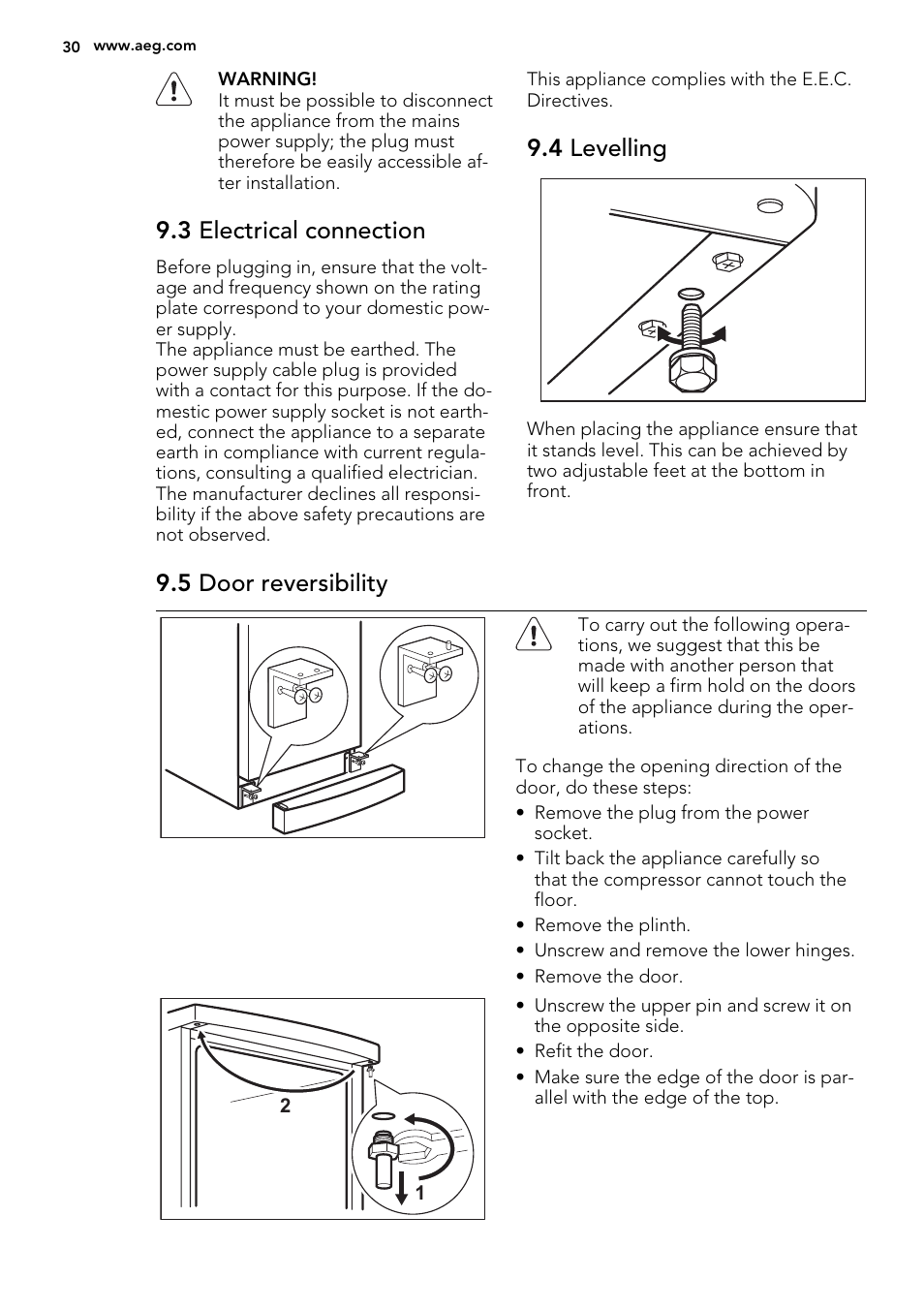 3 electrical connection, 4 levelling, 5 door reversibility | AEG A72019GNW0 User Manual | Page 30 / 68