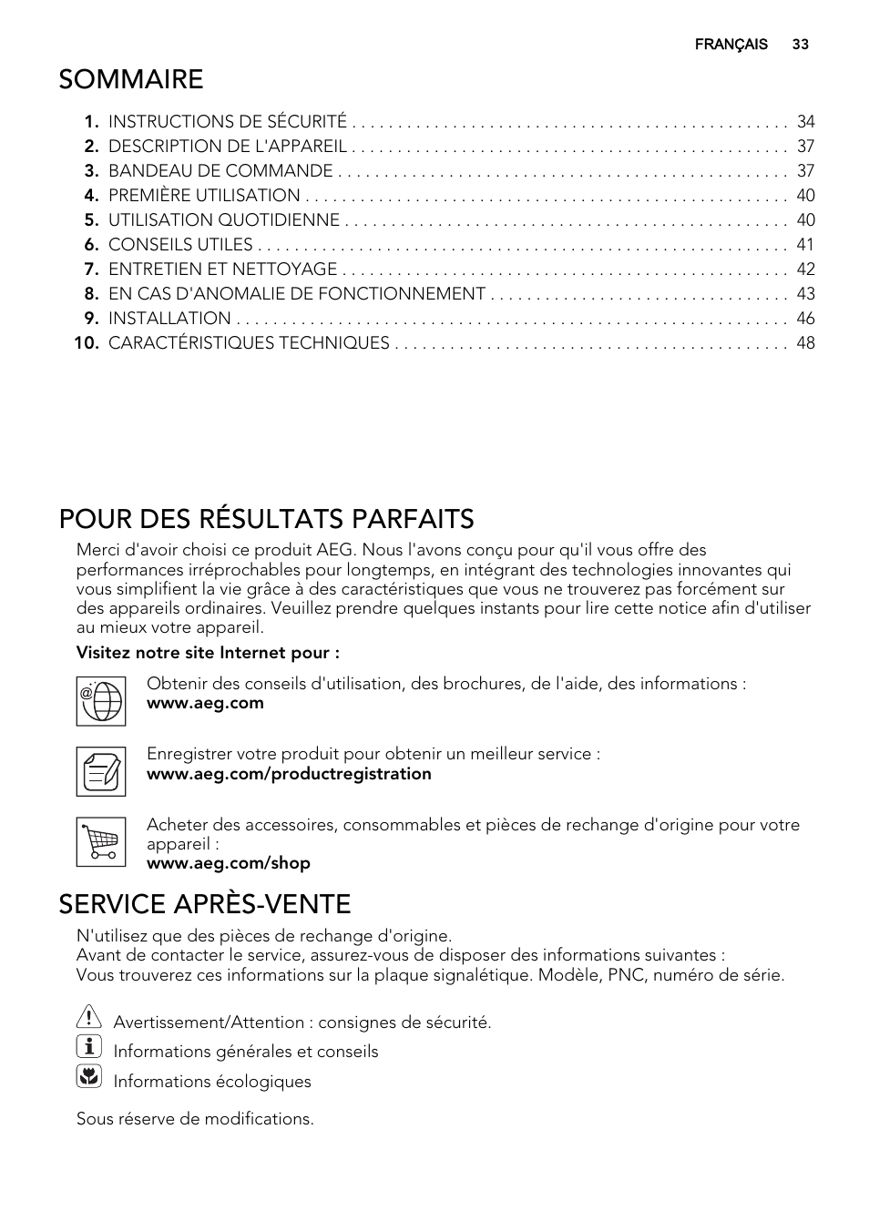 Sommaire, Pour des résultats parfaits, Service après-vente | AEG A72019GNW0 User Manual | Page 33 / 68