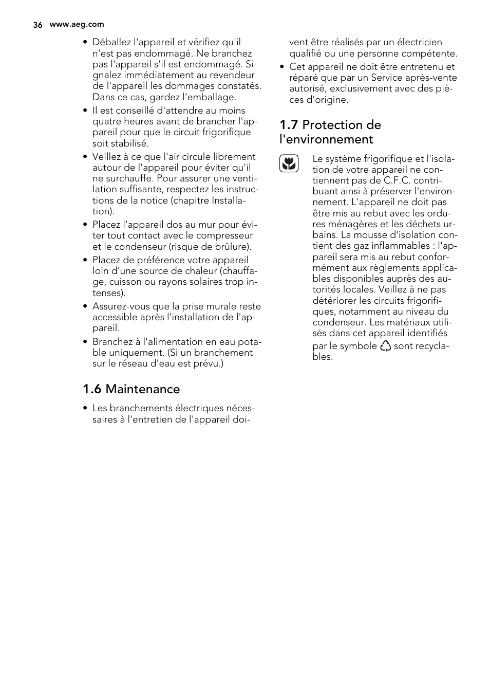 6 maintenance, 7 protection de l'environnement | AEG A72019GNW0 User Manual | Page 36 / 68