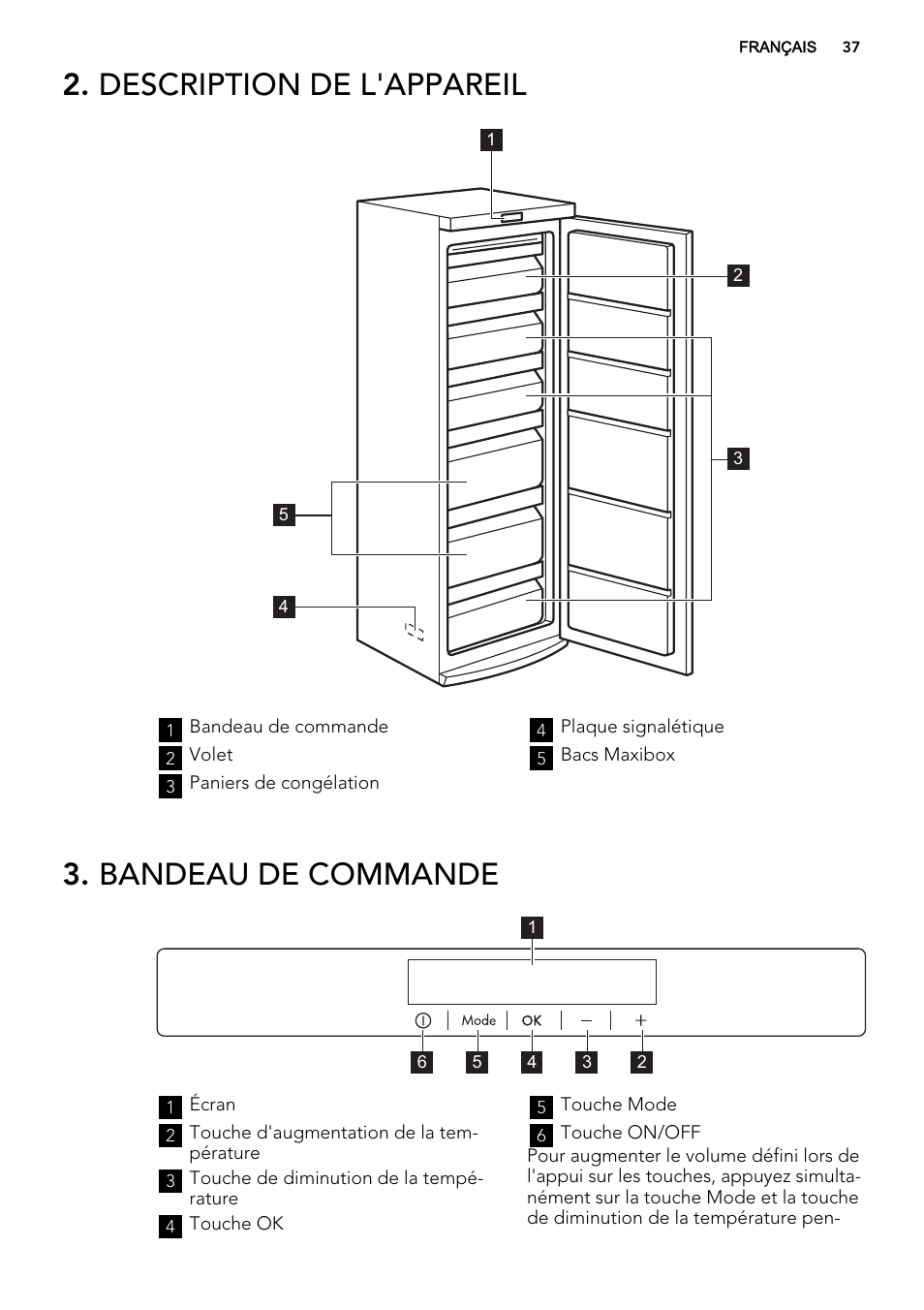 Description de l'appareil, Bandeau de commande | AEG A72019GNW0 User Manual | Page 37 / 68