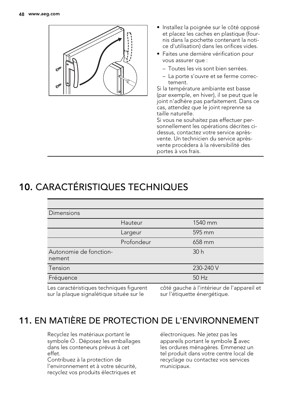 Caractéristiques techniques, En matière de protection de l'environnement | AEG A72019GNW0 User Manual | Page 48 / 68