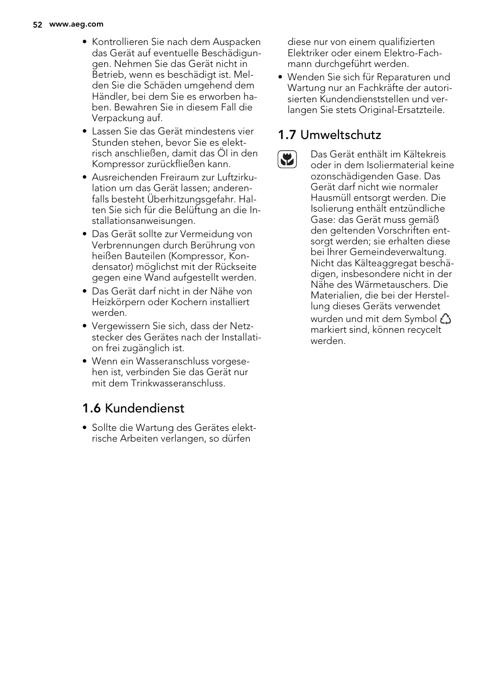 6 kundendienst, 7 umweltschutz | AEG A72019GNW0 User Manual | Page 52 / 68