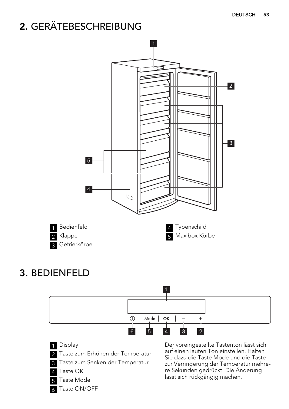 Gerätebeschreibung, Bedienfeld | AEG A72019GNW0 User Manual | Page 53 / 68