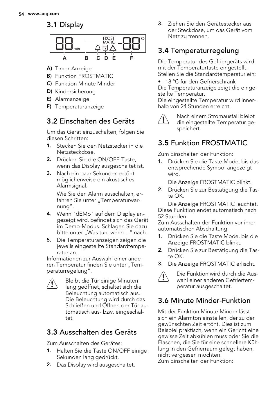 1 display, 2 einschalten des geräts, 3 ausschalten des geräts | 4 temperaturregelung, 5 funktion frostmatic, 6 minute minder-funktion | AEG A72019GNW0 User Manual | Page 54 / 68