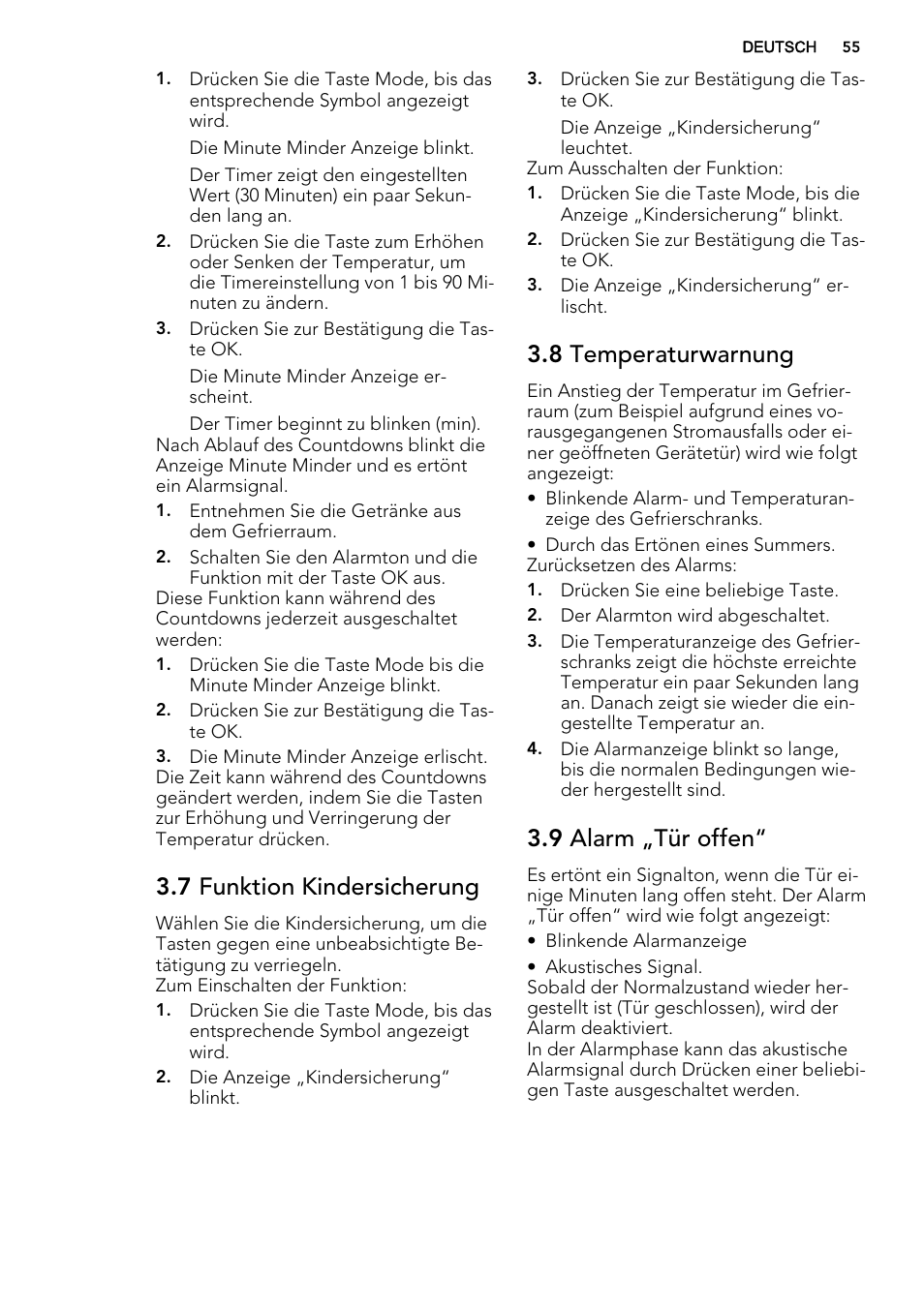 7 funktion kindersicherung, 8 temperaturwarnung, 9 alarm „tür offen | AEG A72019GNW0 User Manual | Page 55 / 68