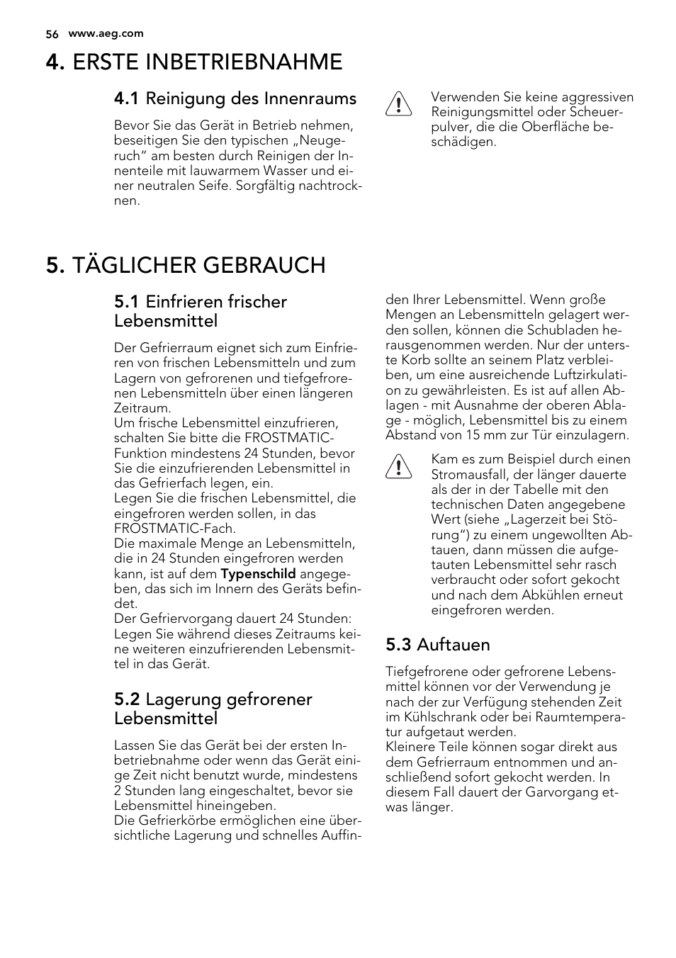 Erste inbetriebnahme, Täglicher gebrauch | AEG A72019GNW0 User Manual | Page 56 / 68