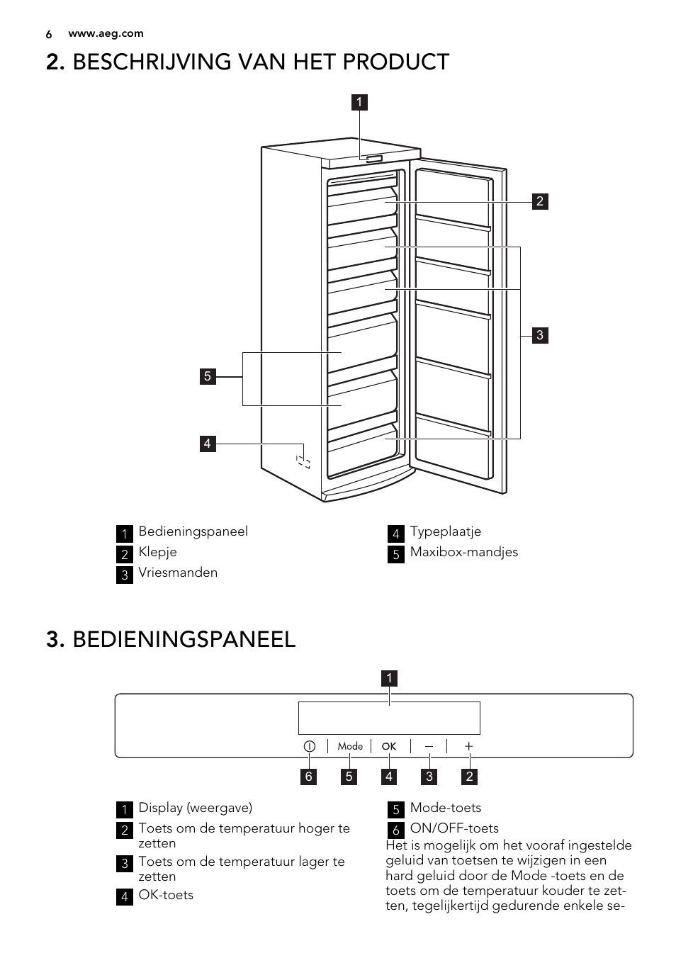 Beschrijving van het product, Bedieningspaneel | AEG A72019GNW0 User Manual | Page 6 / 68