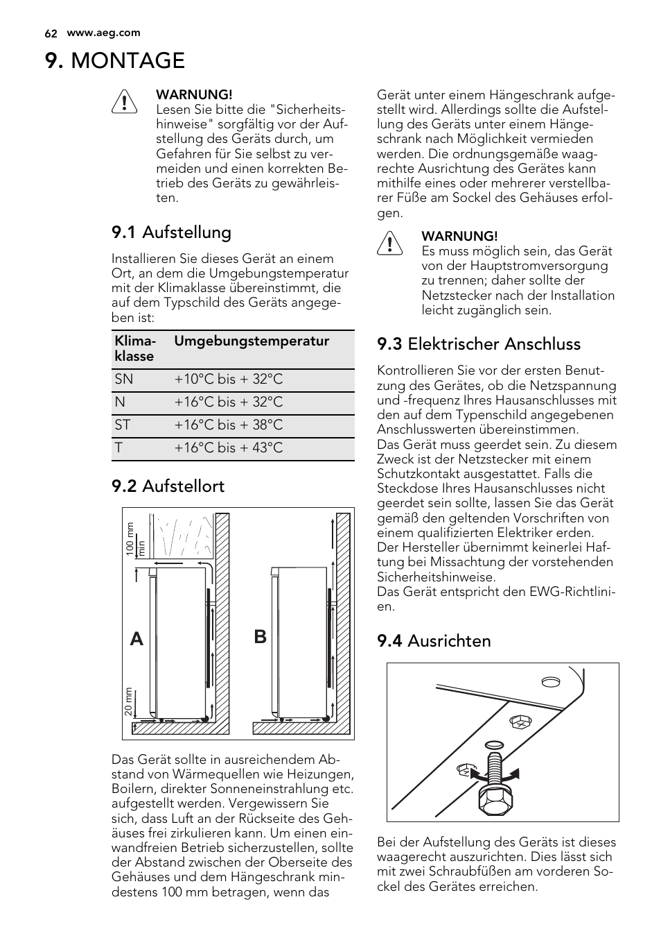 Montage | AEG A72019GNW0 User Manual | Page 62 / 68