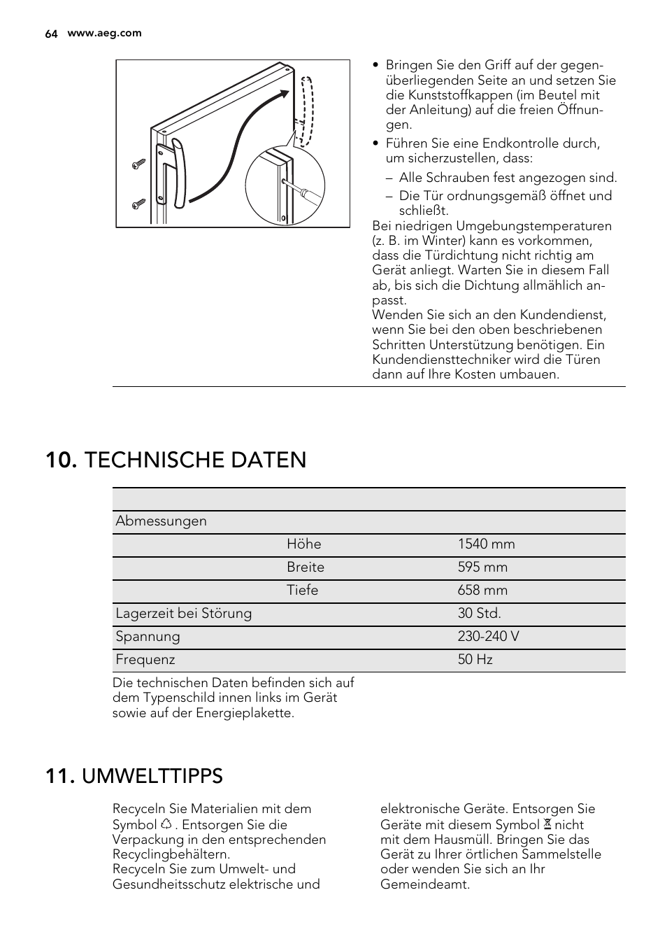 Technische daten, Umwelttipps | AEG A72019GNW0 User Manual | Page 64 / 68