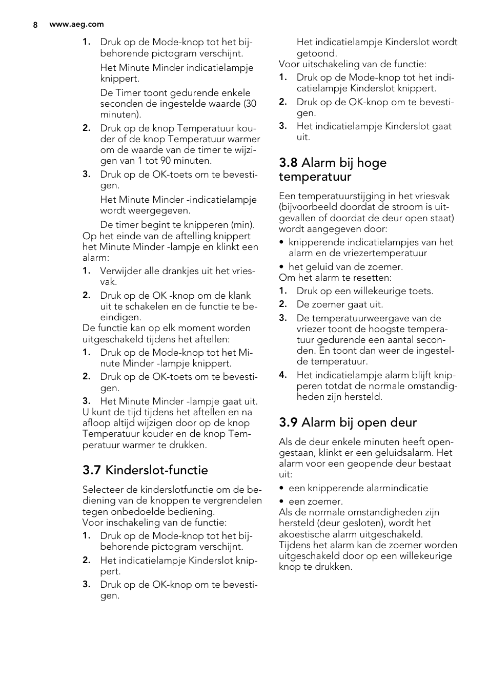 7 kinderslot-functie, 8 alarm bij hoge temperatuur, 9 alarm bij open deur | AEG A72019GNW0 User Manual | Page 8 / 68