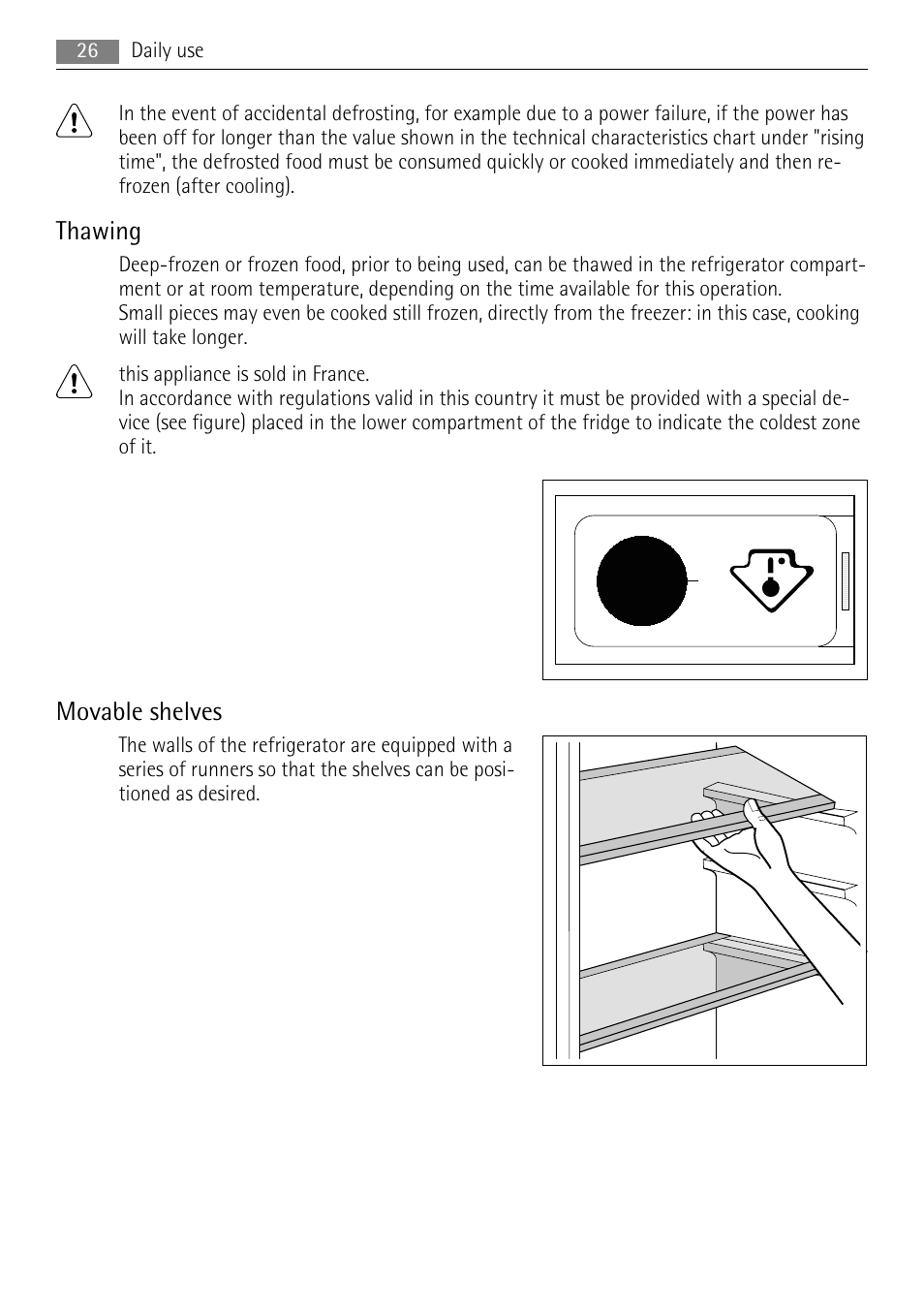 Thawing, Movable shelves | AEG SKS68840F1 User Manual | Page 26 / 76