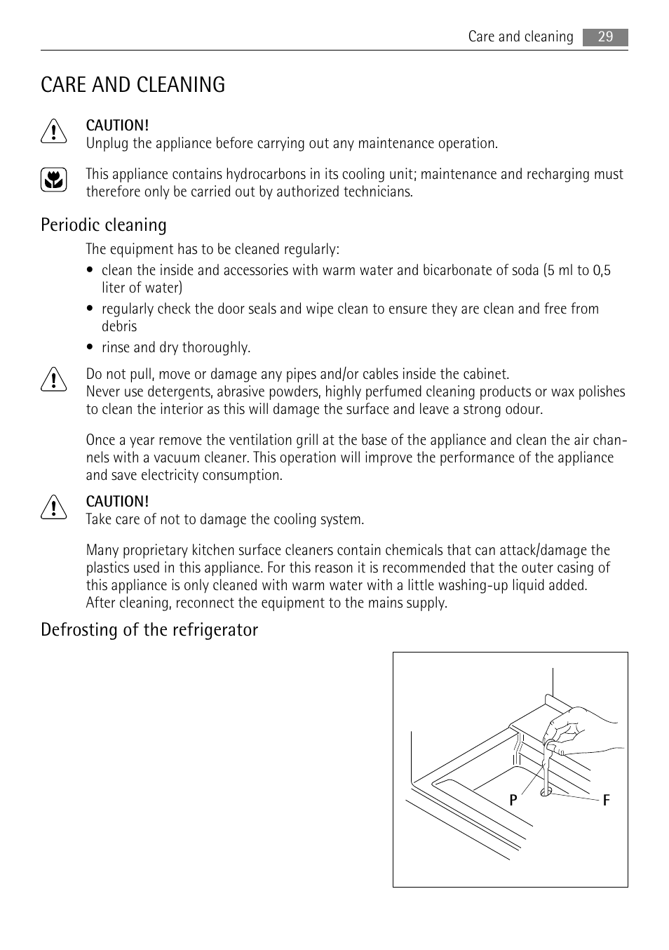 Care and cleaning, Periodic cleaning, Defrosting of the refrigerator | AEG SKS68840F1 User Manual | Page 29 / 76