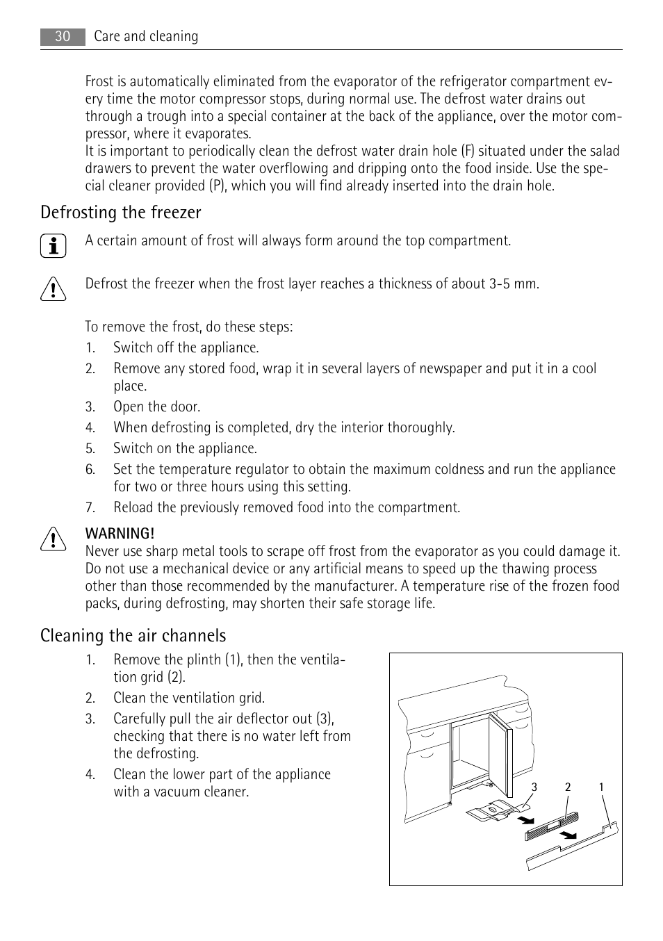 Defrosting the freezer, Cleaning the air channels | AEG SKS68840F1 User Manual | Page 30 / 76