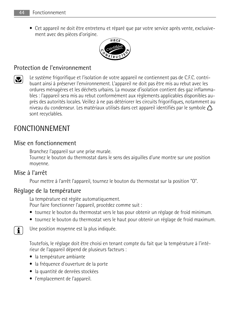 Fonctionnement | AEG SKS68840F1 User Manual | Page 44 / 76