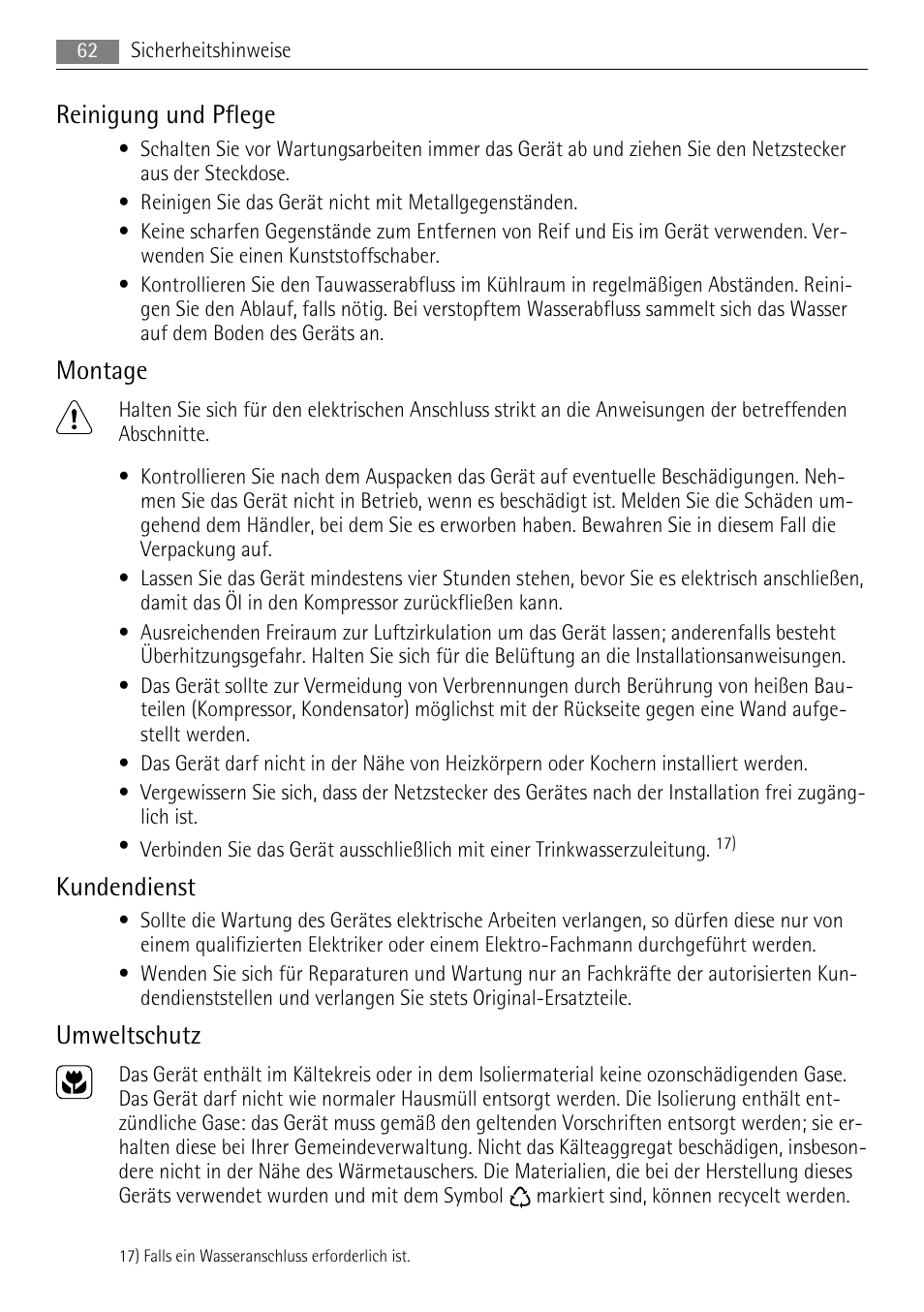Reinigung und pflege, Montage, Kundendienst | Umweltschutz | AEG SKS68840F1 User Manual | Page 62 / 76