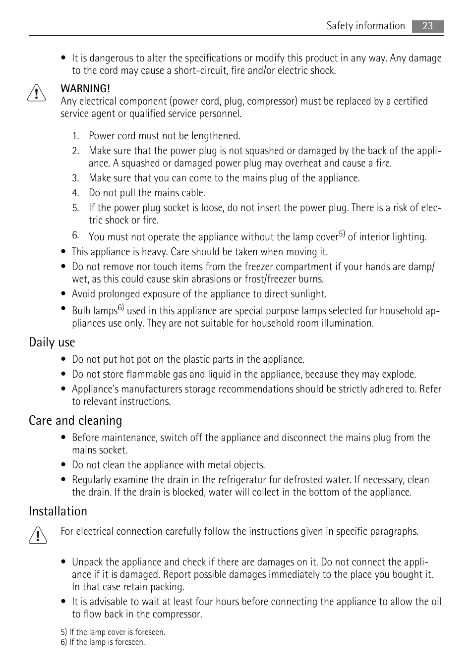 Daily use, Care and cleaning, Installation | AEG SKS51200F0 User Manual | Page 23 / 96