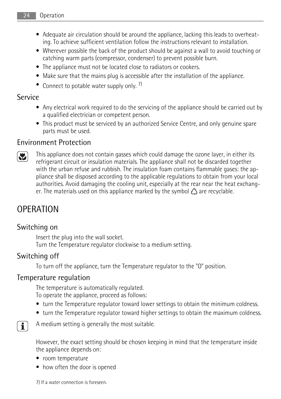 Operation, Service, Environment protection | Switching on, Switching off, Temperature regulation | AEG SKS51200F0 User Manual | Page 24 / 96