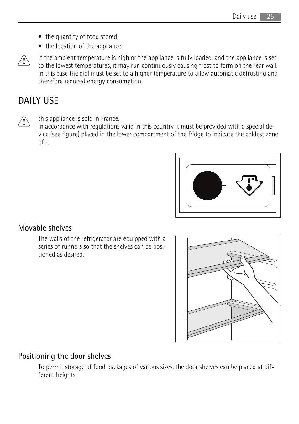 Daily use, Movable shelves, Positioning the door shelves | AEG SKS51200F0 User Manual | Page 25 / 96