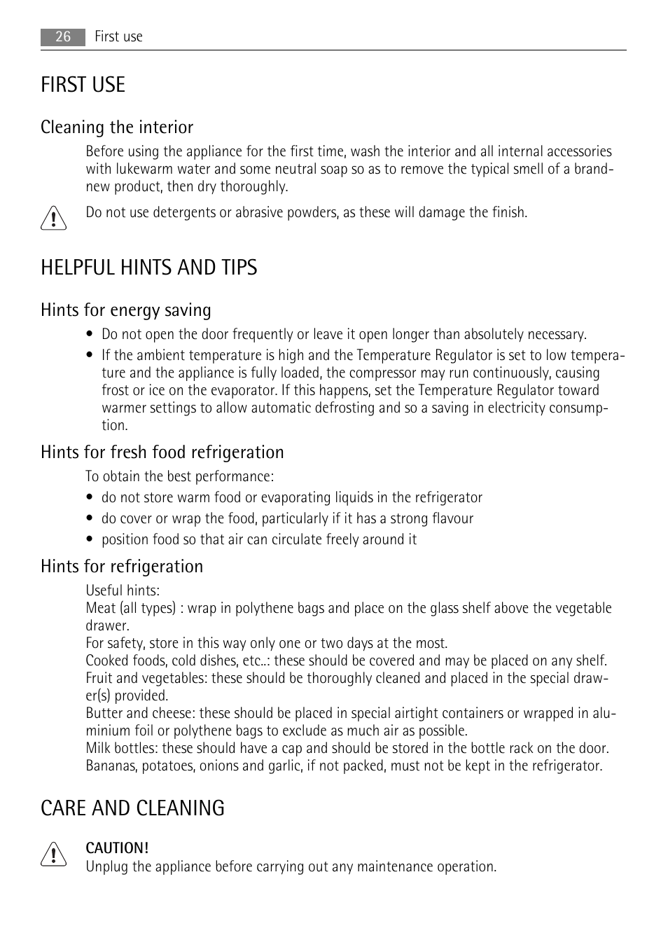 First use, Helpful hints and tips, Care and cleaning | Cleaning the interior, Hints for energy saving, Hints for fresh food refrigeration, Hints for refrigeration | AEG SKS51200F0 User Manual | Page 26 / 96