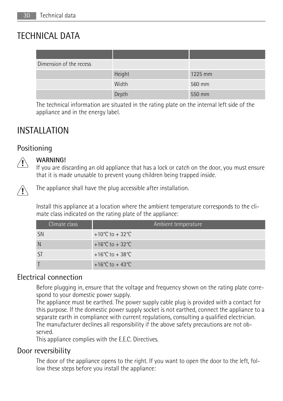 Technical data, Installation, Positioning | Electrical connection, Door reversibility | AEG SKS51200F0 User Manual | Page 30 / 96