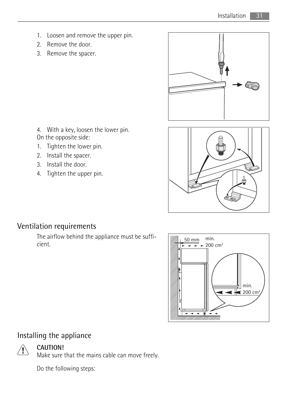 Ventilation requirements, Installing the appliance | AEG SKS51200F0 User Manual | Page 31 / 96