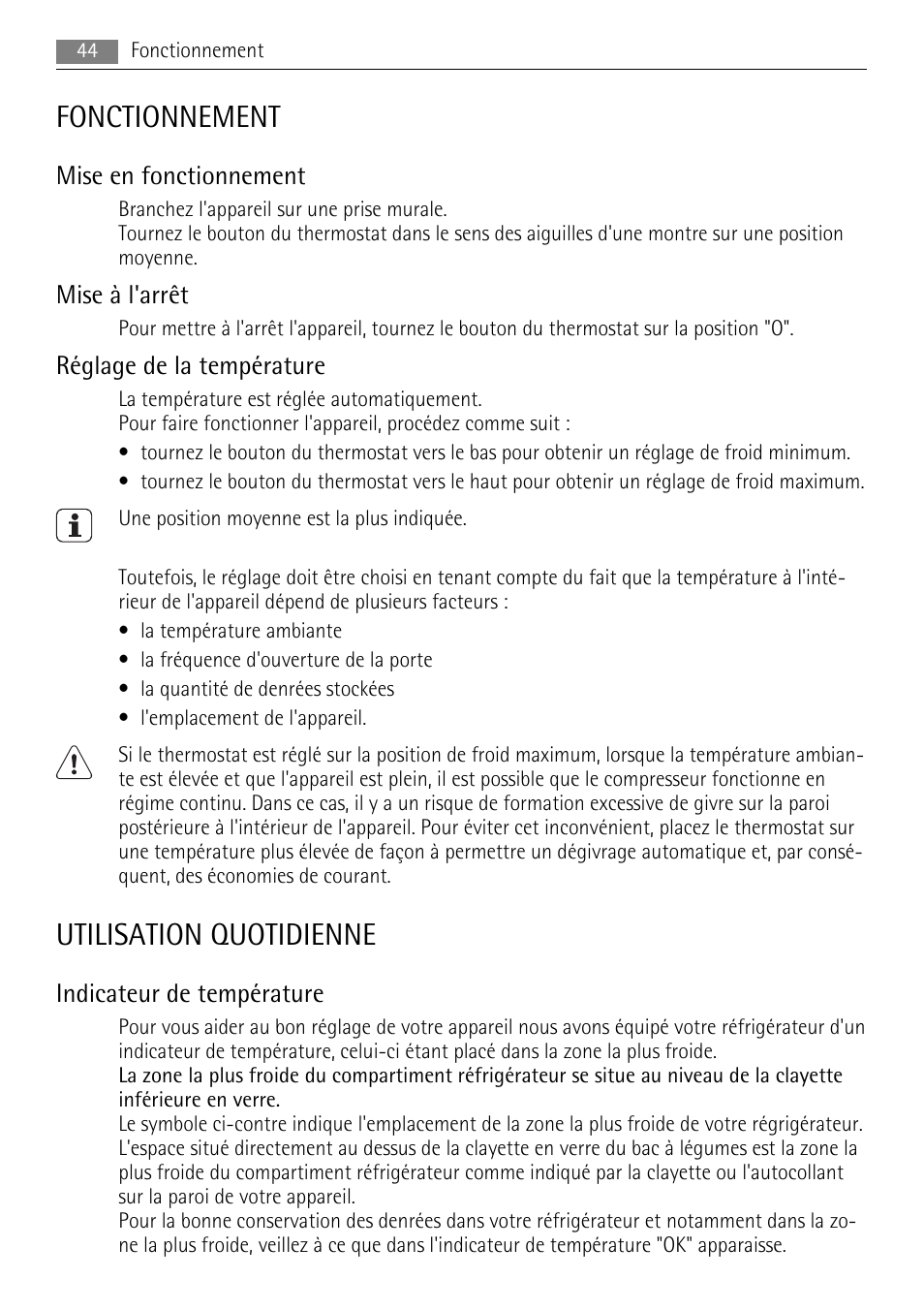 Fonctionnement, Utilisation quotidienne, Mise en fonctionnement | Mise à l'arrêt, Réglage de la température, Indicateur de température | AEG SKS51200F0 User Manual | Page 44 / 96