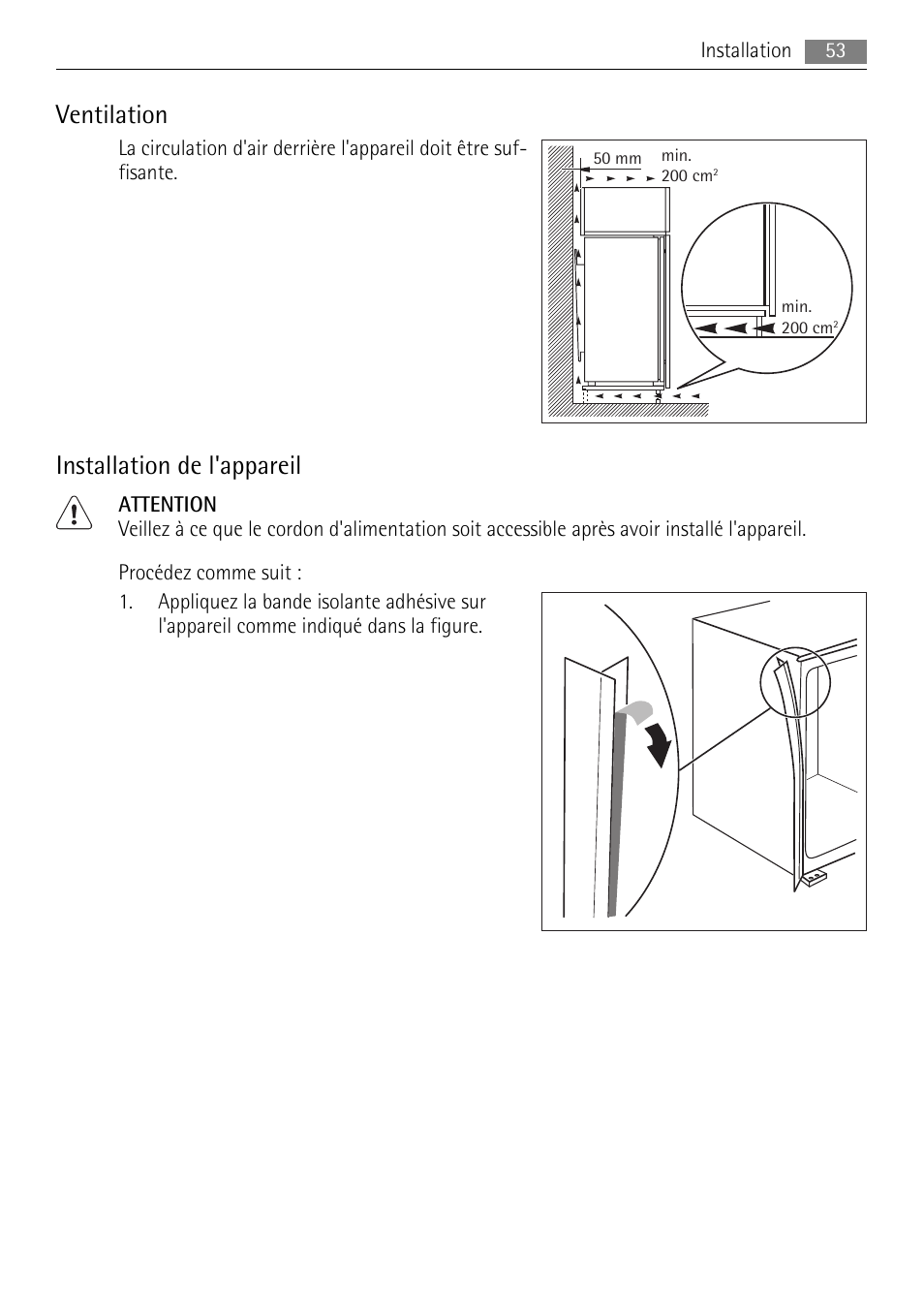 Ventilation, Installation de l'appareil | AEG SKS51200F0 User Manual | Page 53 / 96